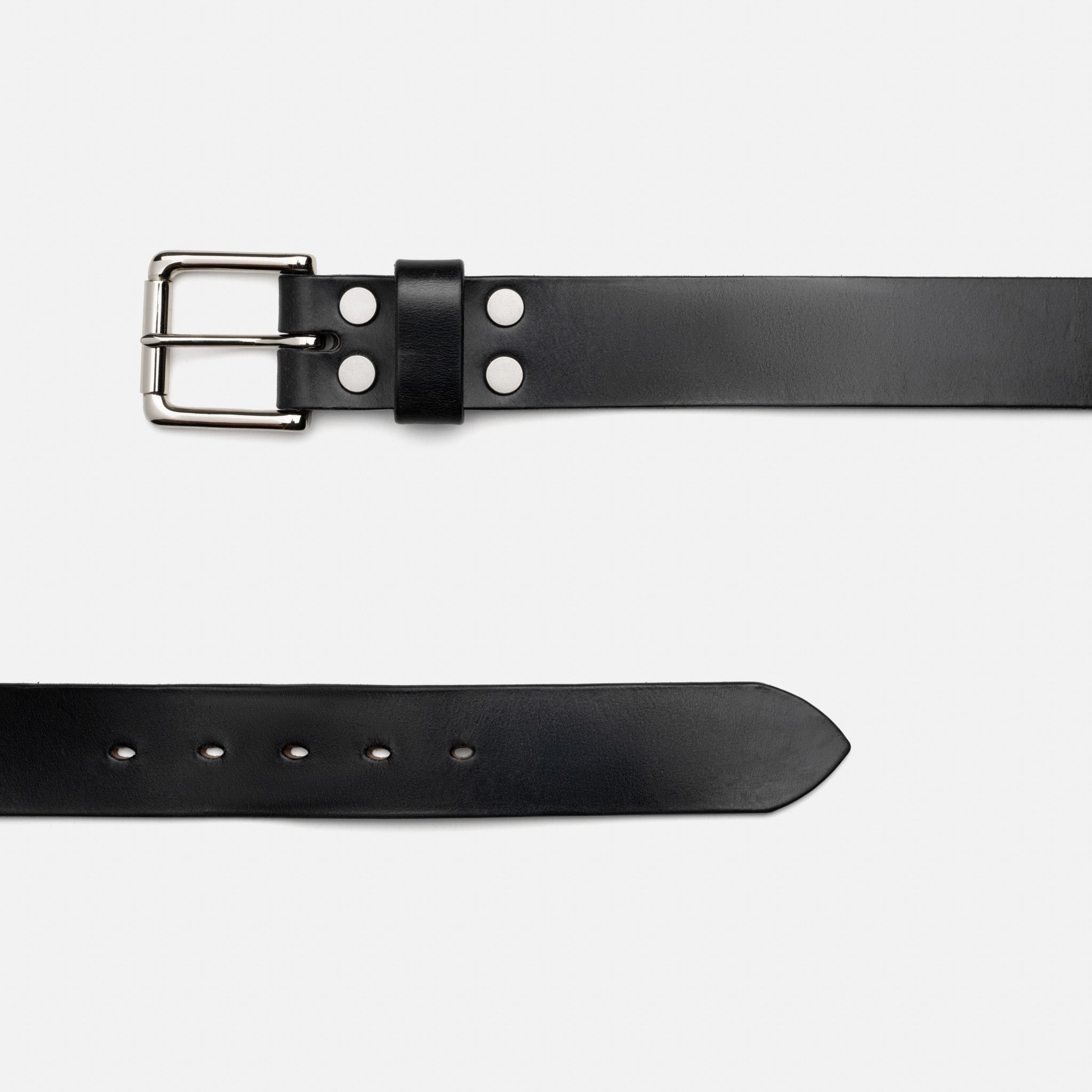 Black leather belt with silver buckle on a white background