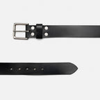 Black leather belt with silver buckle on a white background